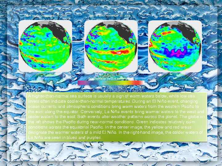 Calm Pacific Ocean: May 21, 2006 La Niña: February 4, 2008 Mild El Niño: