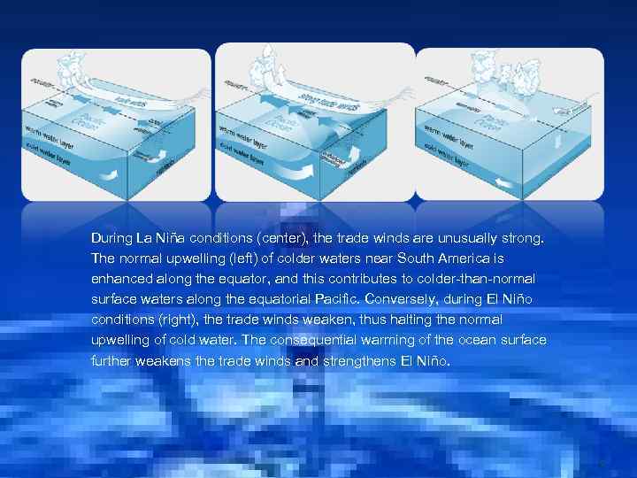 During La Niña conditions (center), the trade winds are unusually strong. The normal upwelling