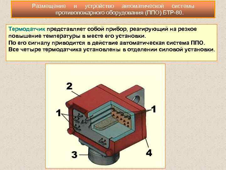 Размещение и устройство автоматической системы противопожарного оборудования (ППО) БТР 80. Термодатчик представляет собой прибор,