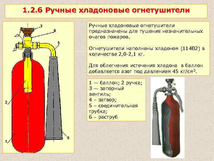 1. 2. 6 Ручные хладоновые огнетушители предназначены для тушения незначительных очагов пожаров. Огнетушители наполнены