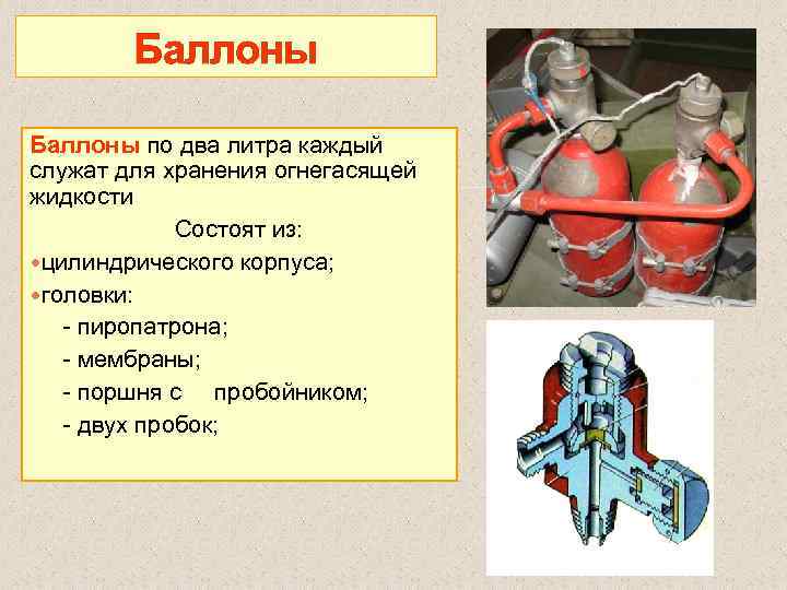 Баллоны по два литра каждый служат для хранения огнегасящей жидкости Состоят из: цилиндрического корпуса;