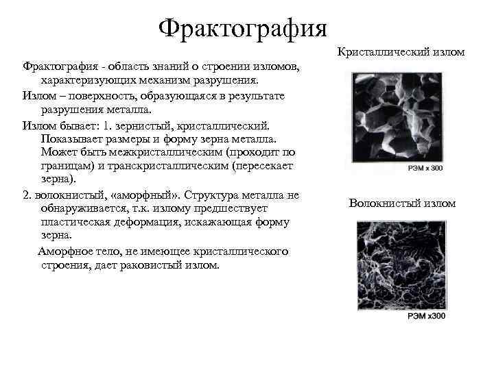 Фрактография Кристаллический излом Фрактография - область знаний о строении изломов, характеризующих механизм разрушения. Излом