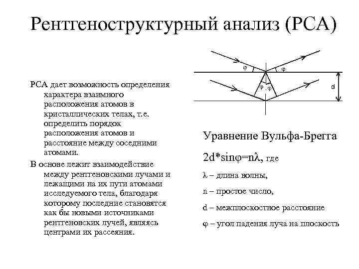 Рентгеноструктурный анализ (РСА) РСА дает возможность определения характера взаимного расположения атомов в кристаллических телах,