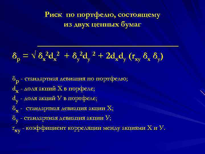 Риск по портфелю, состоящему из двух ценных бумаг ________________ δр = √ δх2 dх2