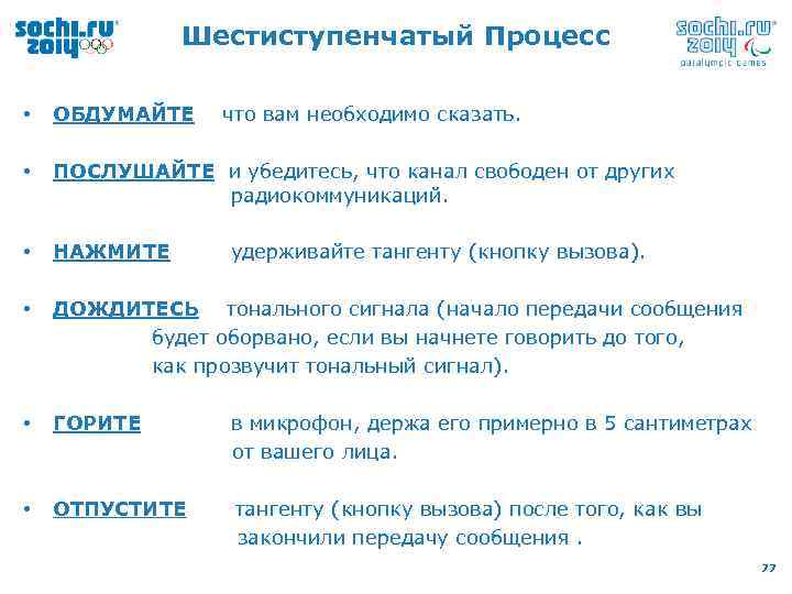 Шестиступенчатый Процесс • ОБДУМАЙТЕ что вам необходимо сказать. • ПОСЛУШАЙТЕ и убедитесь, что канал