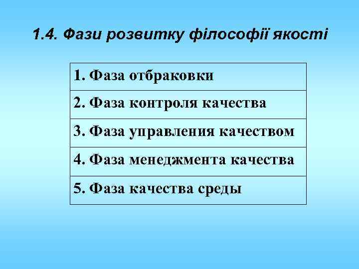 1. 4. Фази розвитку філософії якості 1. Фаза отбраковки 2. Фаза контроля качества 3.