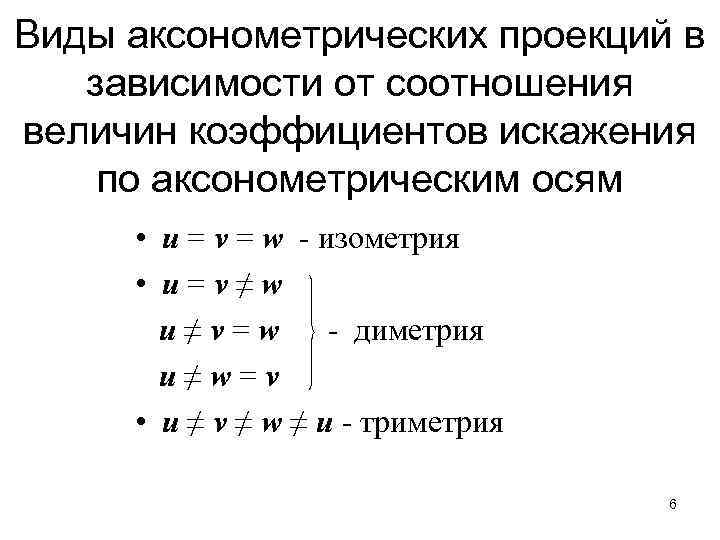 Виды аксонометрических проекций в зависимости от соотношения величин коэффициентов искажения по аксонометрическим осям •