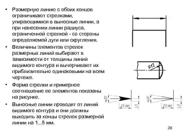  • Размерную линию с обоих концов ограничивают стрелками, упирающимися в выносные линии, а