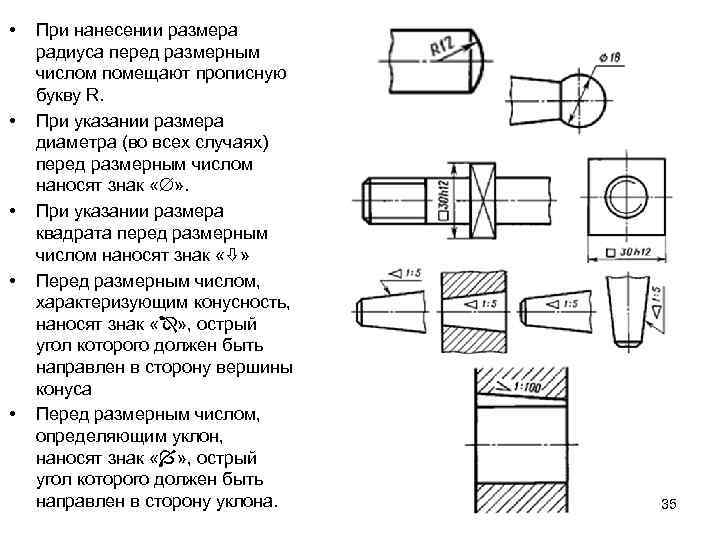  • • • При нанесении размера радиуса перед размерным числом помещают прописную букву