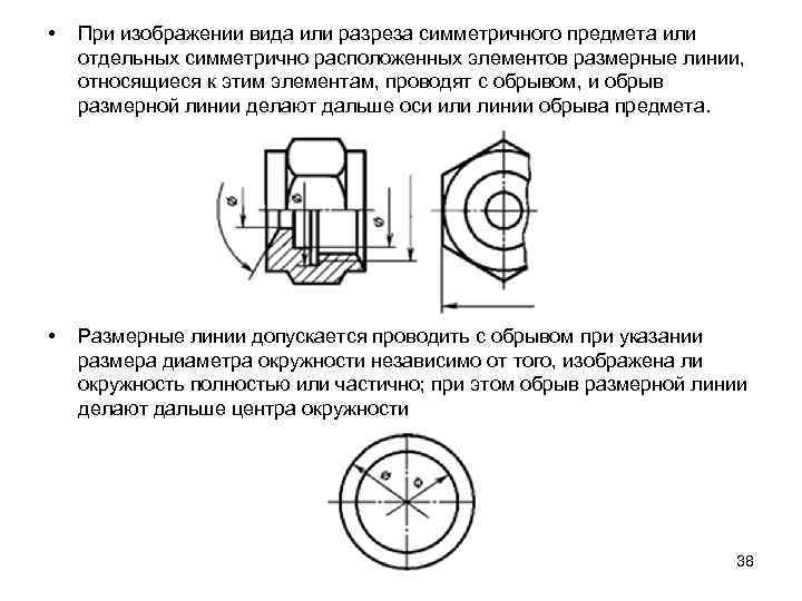  • При изображении вида или разреза симметричного предмета или отдельных симметрично расположенных элементов