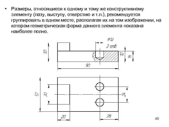  • Размеры, относящиеся к одному и тому же конструктивному элементу (пазу, выступу, отверстию