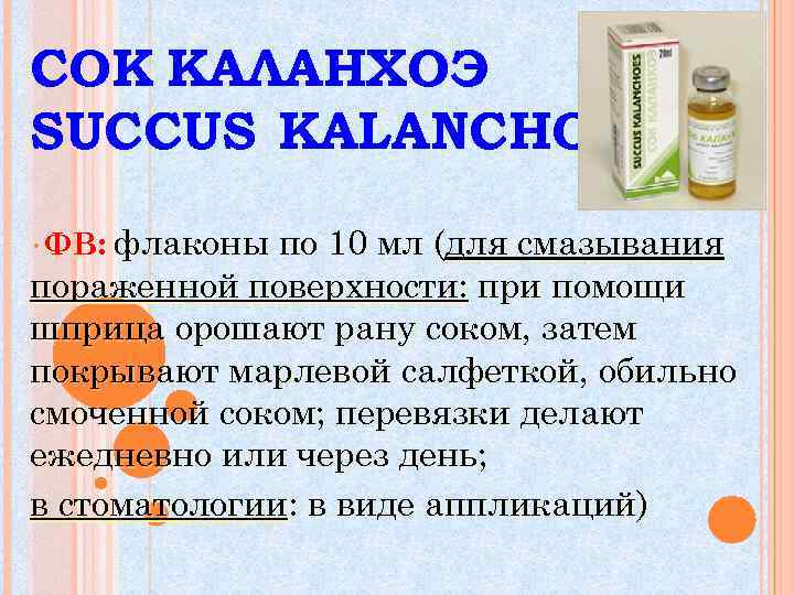 СОК КАЛАНХОЭ SUCCUS KALANCHOES флаконы по 10 мл (для смазывания пораженной поверхности: при помощи