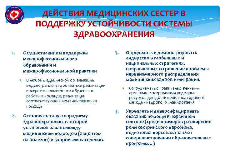 ДЕЙСТВИЯ МЕДИЦИНСКИХ СЕСТЕР В ПОДДЕРЖКУ УСТОЙЧИВОСТИ СИСТЕМЫ ЗДРАВООХРАНЕНИЯ 1. Осуществление и поддержка межпрофессионального образования