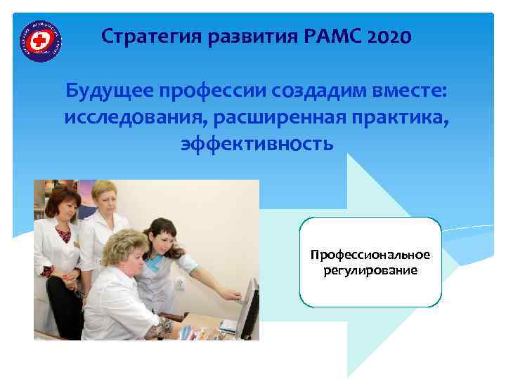 Стратегия развития РАМС 2020 Будущее профессии создадим вместе: исследования, расширенная практика, эффективность Профессиональное регулирование