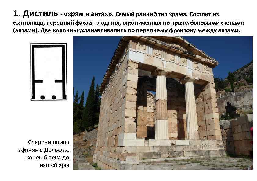 1. Дистиль - «храм в антах» . Самый ранний тип храма. Состоит из святилища,
