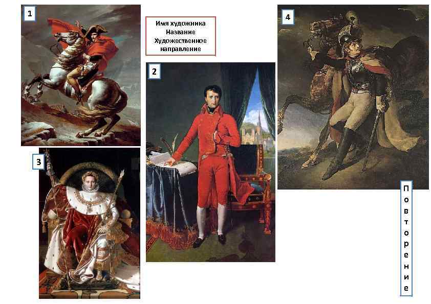 1 Имя художника Название Художественное направление 4 2 3 П о в т о