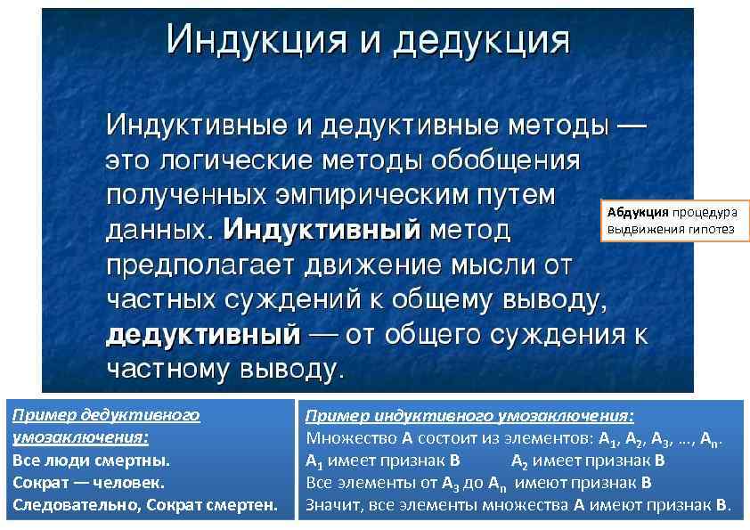 Абдукция процедура выдвижения гипотез Пример дедуктивного умозаключения: Все люди смертны. Сократ — человек. Следовательно,