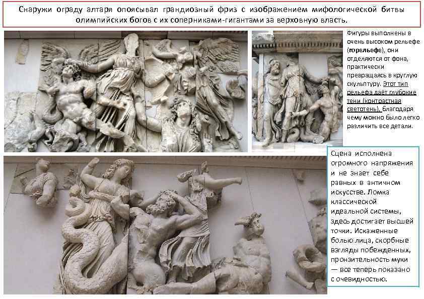 Снаружи ограду алтаря опоясывал грандиозный фриз с изображением мифологической битвы олимпийских богов с их