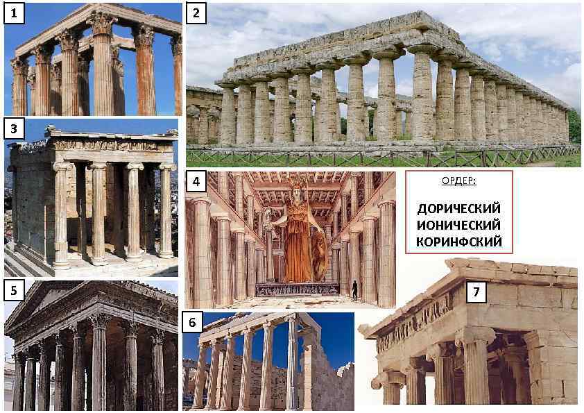1 2 3 4 ОРДЕР: ДОРИЧЕСКИЙ ИОНИЧЕСКИЙ КОРИНФСКИЙ 5 7 6 