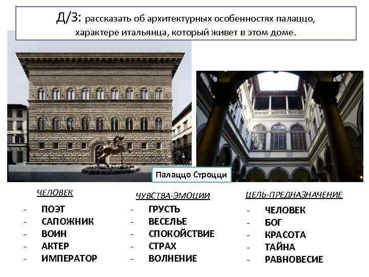 Д/З: рассказать об архитектурных особенностях палаццо, характере итальянца, который живет в этом доме. Палаццо