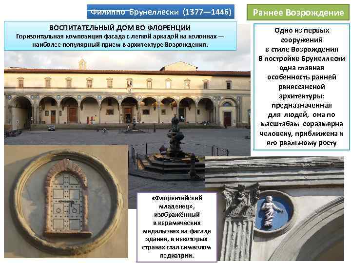 Филиппо Брунеллески (1377— 1446) ВОСПИТАТЕЛЬНЫЙ ДОМ ВО ФЛОРЕНЦИИ Горизонтальная композиция фасада с легкой аркадой