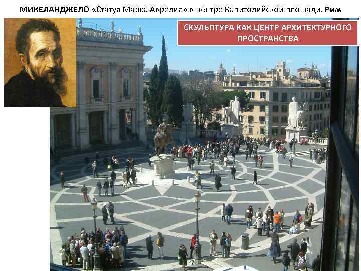 МИКЕЛАНДЖЕЛО «Статуя Марка Аврелия» в центре Капитолийской площади. Рим СКУЛЬПТУРА КАК ЦЕНТР АРХИТЕКТУРНОГО ПРОСТРАНСТВА