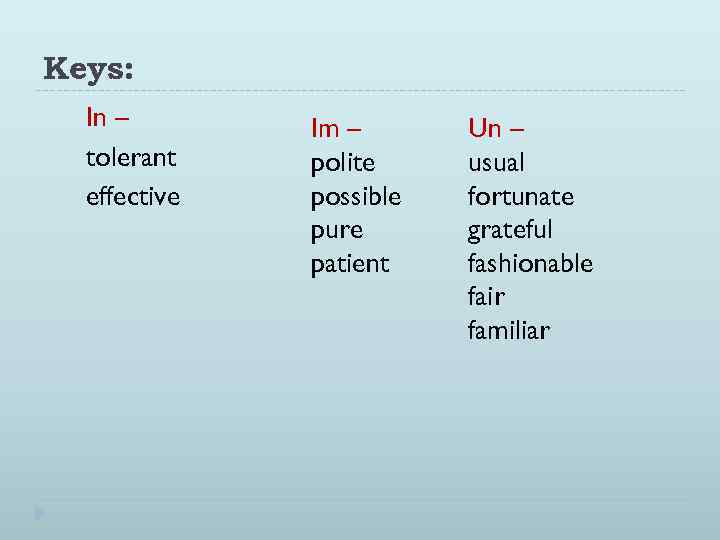 Keys: In – tolerant effective Im – polite possible pure patient Un – usual