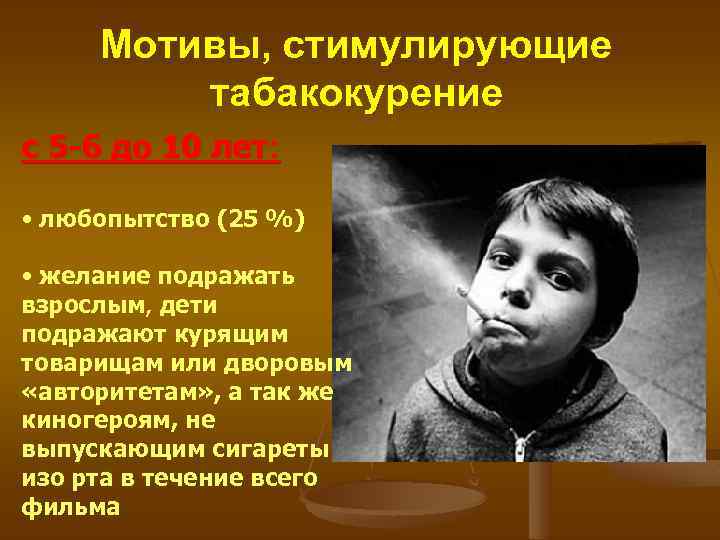 Мотивы, стимулирующие табакокурение с 5 -6 до 10 лет: • любопытство (25 %) •