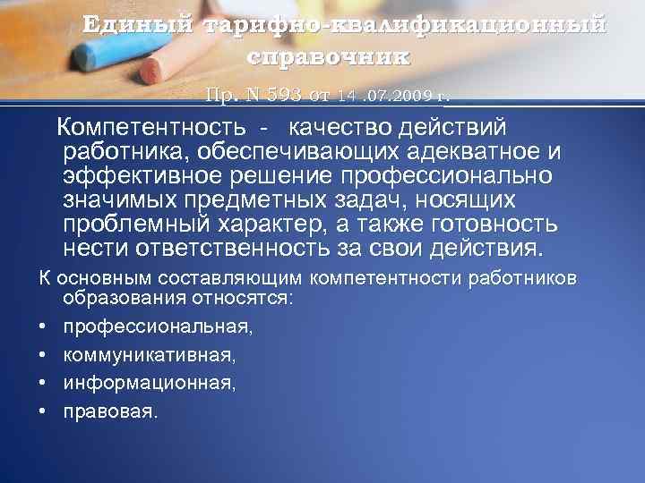 Единый тарифно-квалификационный справочник Пр. N 593 от 14. 07. 2009 г. Компетентность качество действий