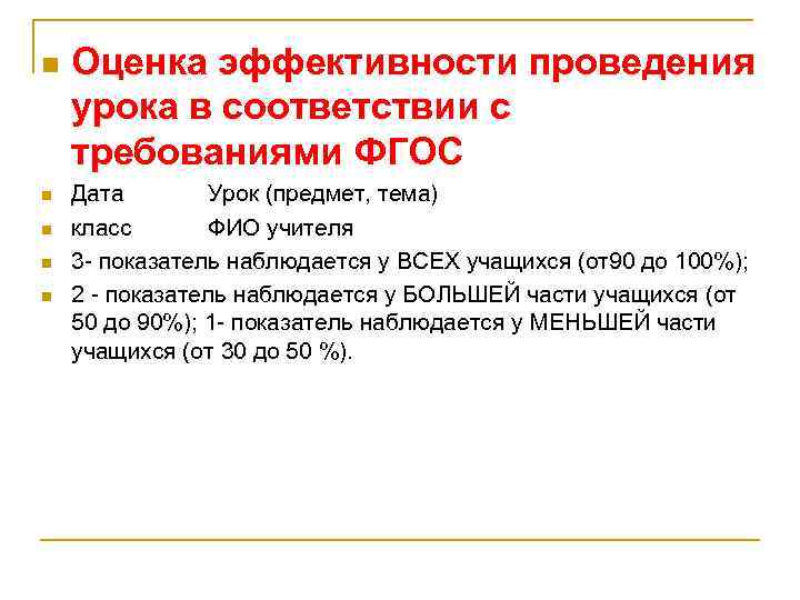 n n n Оценка эффективности проведения урока в соответствии с требованиями ФГОС Дата Урок