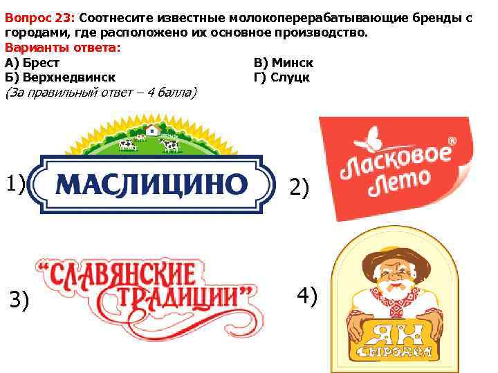 Вопрос 23: Соотнесите известные молокоперерабатывающие бренды с городами, где расположено их основное производство. Варианты