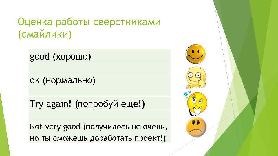 Оценка работы сверстниками (смайлики) good (хорошо) ok (нормально) Try again! (попробуй еще!) Not very