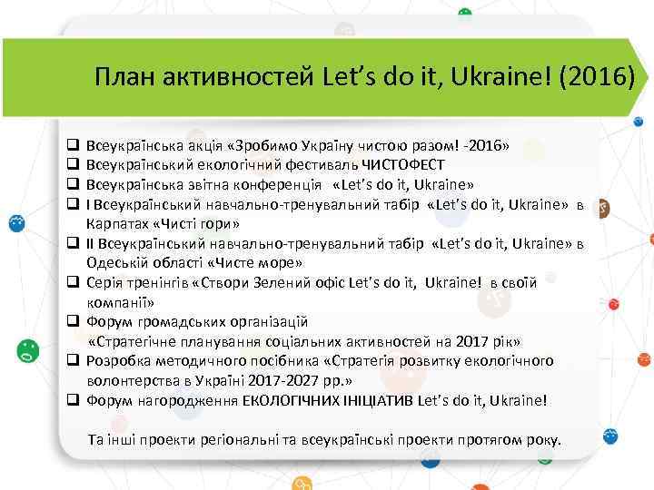 План активностей Let’s do it, Ukraine! (2016) q q q q q Всеукраїнська акція
