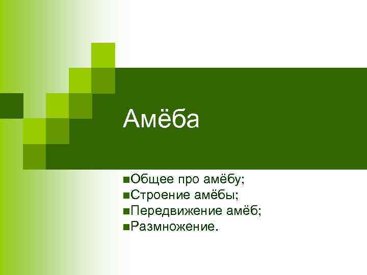 Амёба n. Общее про амёбу; n. Строение амёбы; n. Передвижение амёб; n. Размножение. 