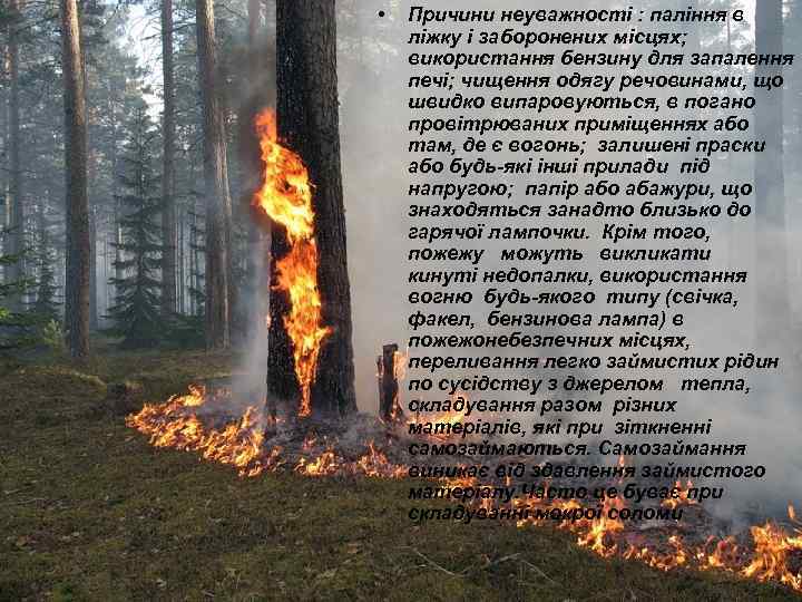  • Причини неуважності : паління в ліжку і заборонених місцях; використання бензину для