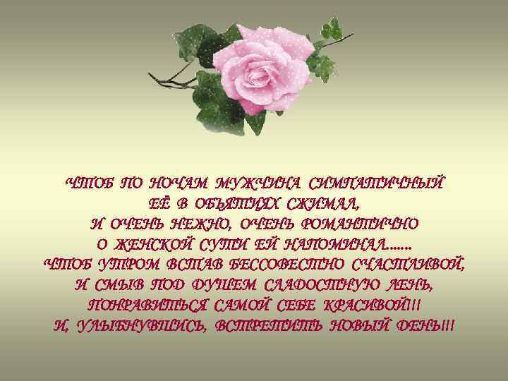 ЧТОБ ПО НОЧАМ МУЖЧИНА СИМПАТИЧНЫЙ ЕЁ В ОБЪЯТИЯХ СЖИМАЛ, И ОЧЕНЬ НЕЖНО, ОЧЕНЬ РОМАНТИЧНО