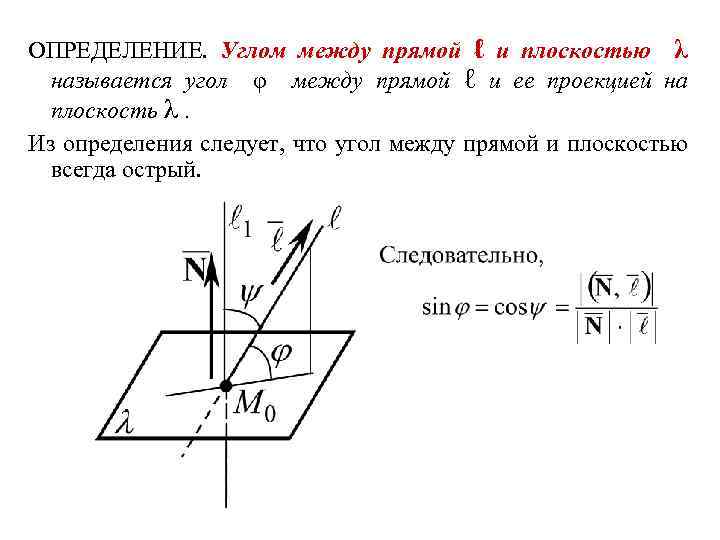 ОПРЕДЕЛЕНИЕ. Углом между прямой ℓ и плоскостью λ называется угол φ между прямой ℓ