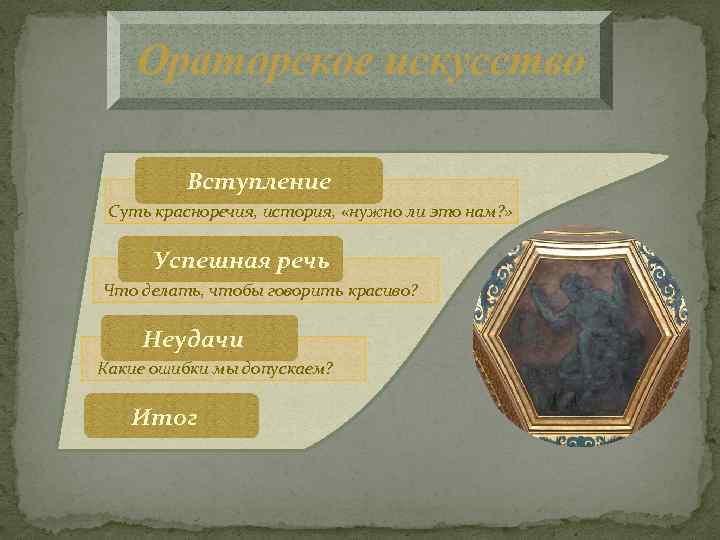Ораторское искусство Вступление Суть красноречия, история, «нужно ли это нам? » Успешная речь Что