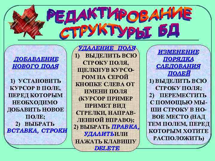 ДОБАВЛЕНИЕ НОВОГО ПОЛЯ 1) УСТАНОВИТЬ КУРСОР В ПОЛЕ, ПЕРЕД КОТОРЫМ НЕОБХОДИМО ДОБАВИТЬ НОВОЕ ПОЛЕ;