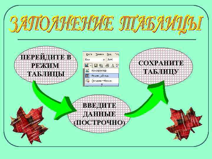 ПЕРЕЙДИТЕ В РЕЖИМ ТАБЛИЦЫ СОХРАНИТЕ ТАБЛИЦУ ВВЕДИТЕ ДАННЫЕ (ПОСТРОЧНО) 