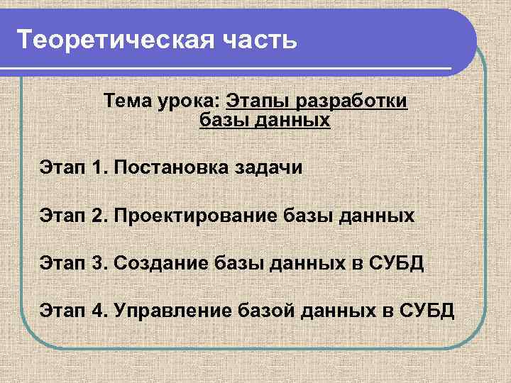 Теоретическая часть Тема урока: Этапы разработки базы данных Этап 1. Постановка задачи Этап 2.