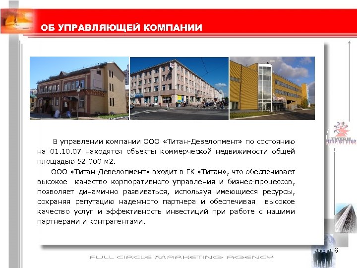 ОБ УПРАВЛЯЮЩЕЙ КОМПАНИИ В управлении компании ООО «Титан-Девелопмент» по состоянию на 01. 10. 07