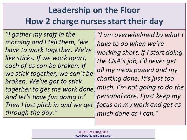 Leadership on the Floor How 2 charge nurses start their day “I gather my