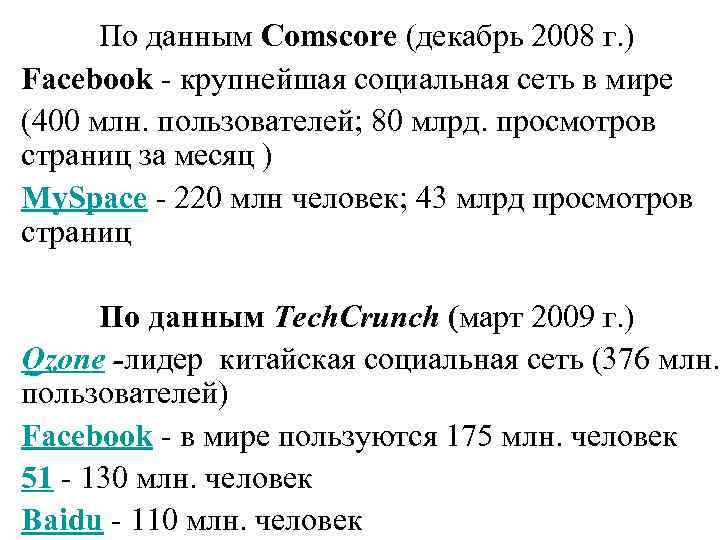 По данным Comscore (декабрь 2008 г. ) Facebook - крупнейшая социальная сеть в мире