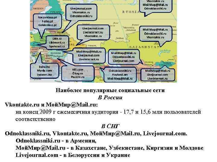 Наиболее популярные социальные сети В России Vkontakte. ru и Мой. Мир@Mail. ru: на конец