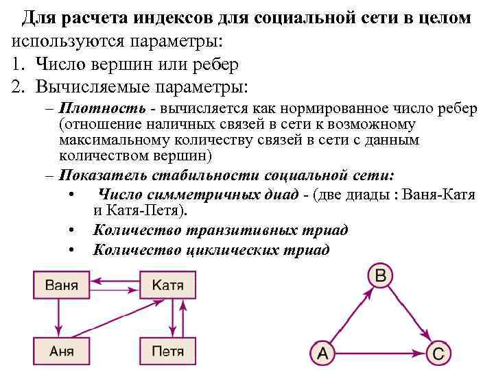 Для расчета индексов для социальной сети в целом используются параметры: 1. Число вершин или