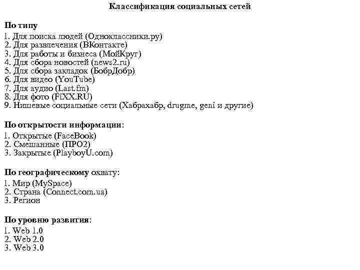 Классификация социальных сетей По типу 1. Для поиска людей (Одноклассники. ру) 2. Для развлечения