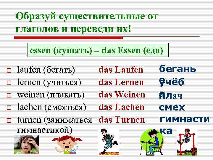 Образуй существительные от глаголов и переведи их! еssen (кушать) – das Essen (еда) o