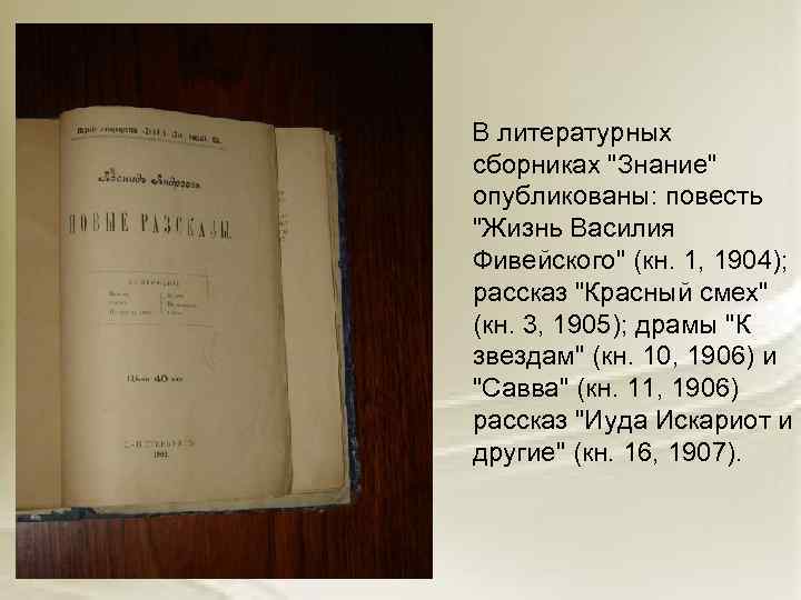  В литературных сборниках "Знание" опубликованы: повесть "Жизнь Василия Фивейского" (кн. 1, 1904); рассказ