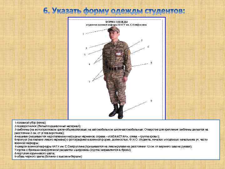 1 -головной убор (кепка) 2 -подворотничок (белый подшивочный материал); 3 -эмблемы (на мотострелковом цикле-общевойсковые;